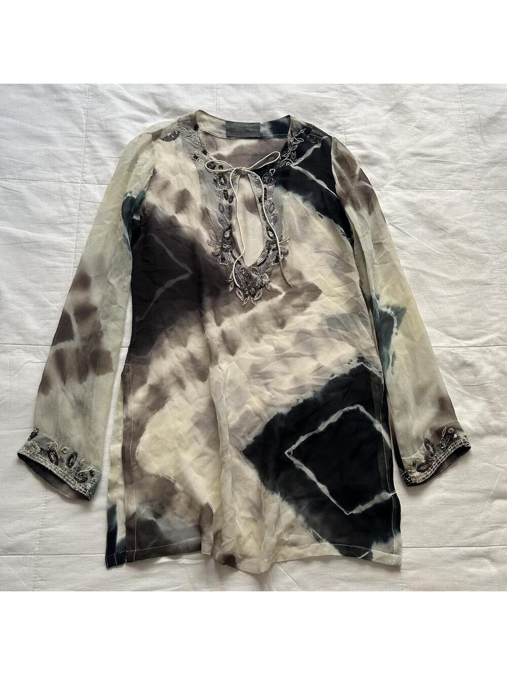 AllSaints Spitalfields Silk Tie Dye Beaded Tunic Cream Black Size 14